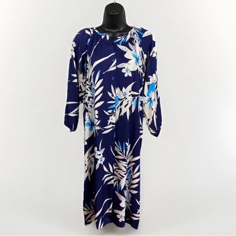 Tucker Navy Blue and White Tropical Print Dress with Light Blue Accents Flaws
